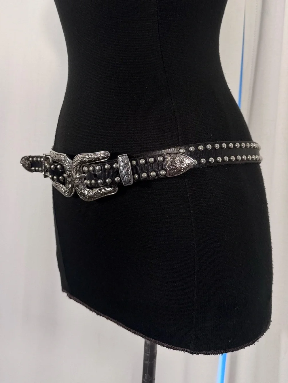 Black Leather Double Buckle Studded Western Belt